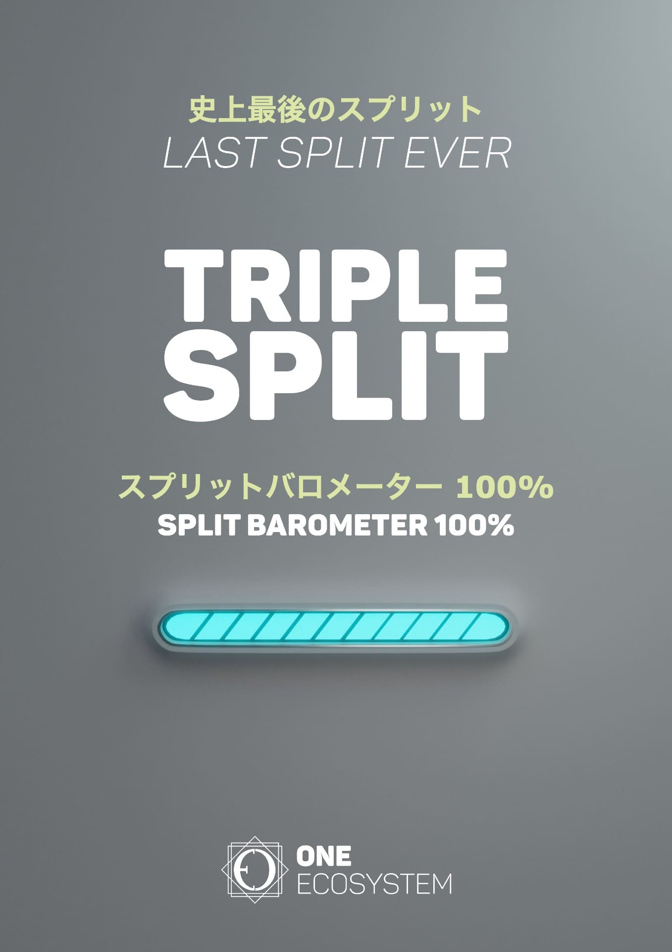 Një poster me "TRIPLE SPLIT" të shkruar me shkronja të trasha. Tekste shtesë përfshijnë "LAST SPLIT EVER" dhe "Split Barometer 100%". Logoja e One Ecosystem është në fund.