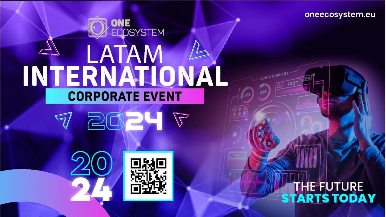 Grafiku promovues për Ngjarjen Ndërkombëtare të Korporatës LATAM 2024 nga One Ecosystem. Ai përmban kode QR, pamje futuriste dhe një person që mban një kufje VR për të ndërvepruar me elementët dixhitalë. Columbia Deal Shaker Expo është një tjetër ngjarje për t'u parë.
