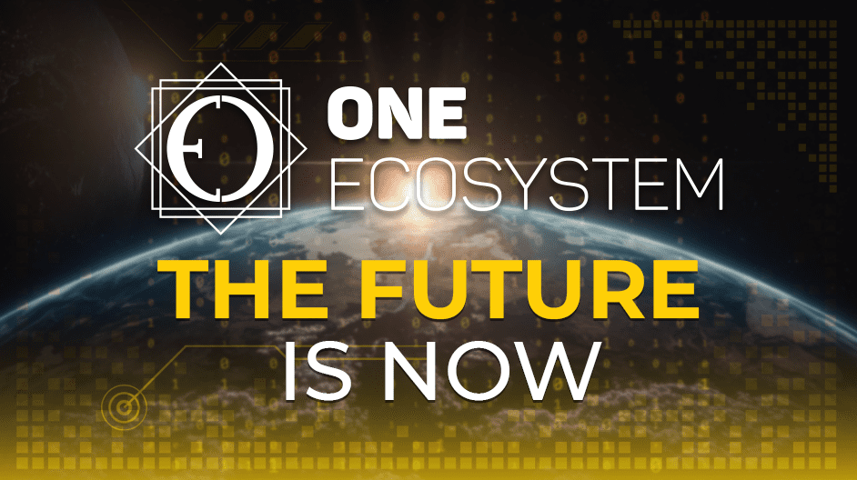 テキストにはこうある:ONE ECOSYSTEM.宇宙から見た地球のイメージの上に白と黄色で「THE FUTURE IS NOW」、左には幾何学的なロゴ、背景にはデジタル要素。.